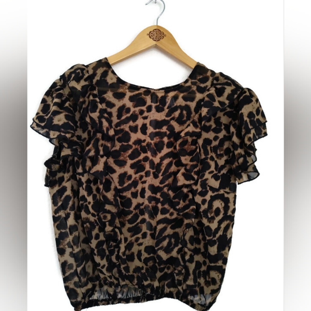 Live 4 Truth Leopard Print Ruffle Short Sleeve Blouse - Black & Tan